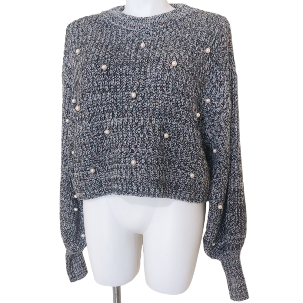 Shop17 Heathered Grey Oversized Chunky Beaded Cropped Thick Knit Sweater